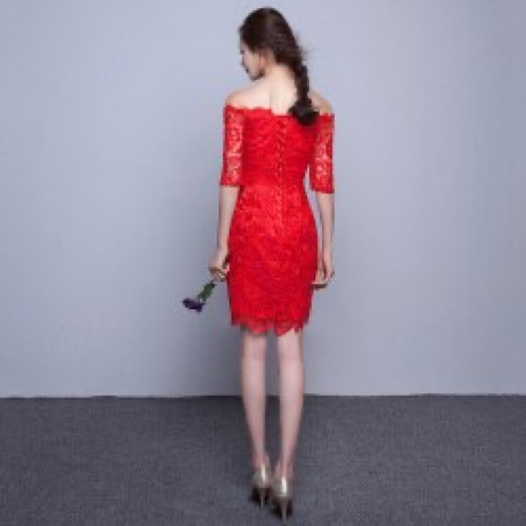 Red medium sleeves lace Cocktail Dress - Picture 2 of 8